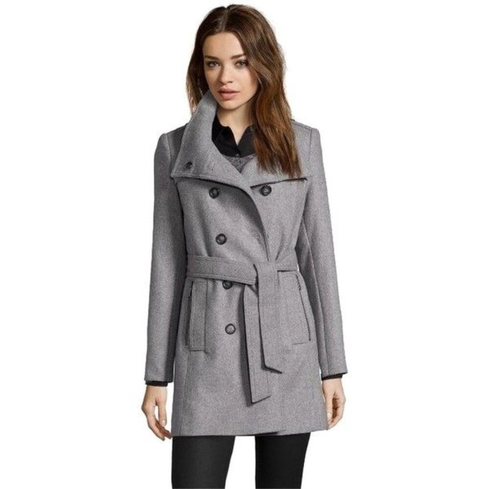 DKNY Dress Trench Coat Gray Wool-blend Double-breasted Belted  Womens SZ 12